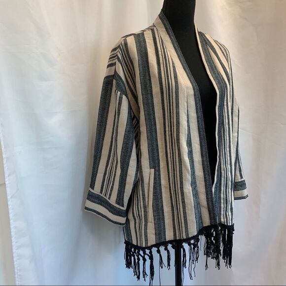 Zara Ecru Fringe Striped Kimono Jacket gray cream Sz M - Picture 4 of 12